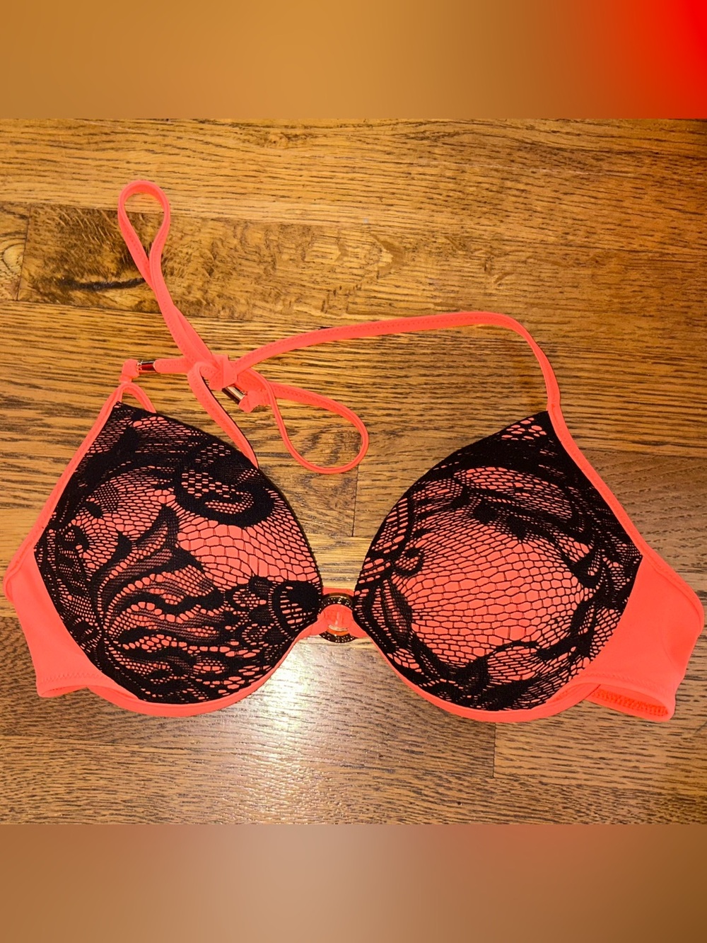 RARE Victorias Secret PINK; Neon Orange & Lace Bikini Top
